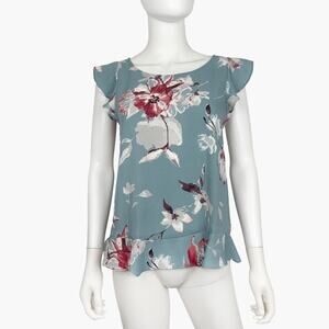 NWT LOFT Floral Short Ruffle Sleeve Blouse Top (Grayish-Blue | Size S)